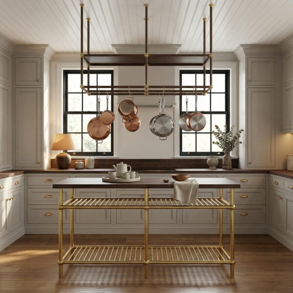 kitchen island and pot rack with shelf brass and walnut